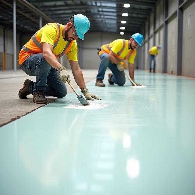 Installation team applying epoxy in a Melbourne warehouse